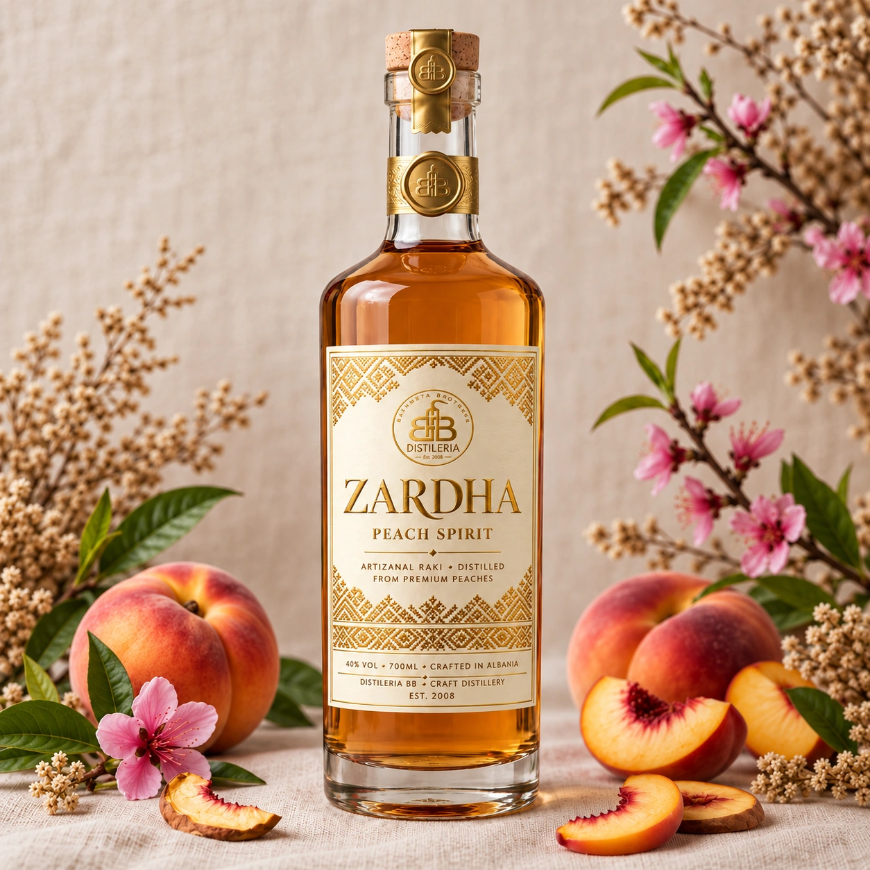 ZARDHA Peach Spirit bottle by Distileria BB with peaches